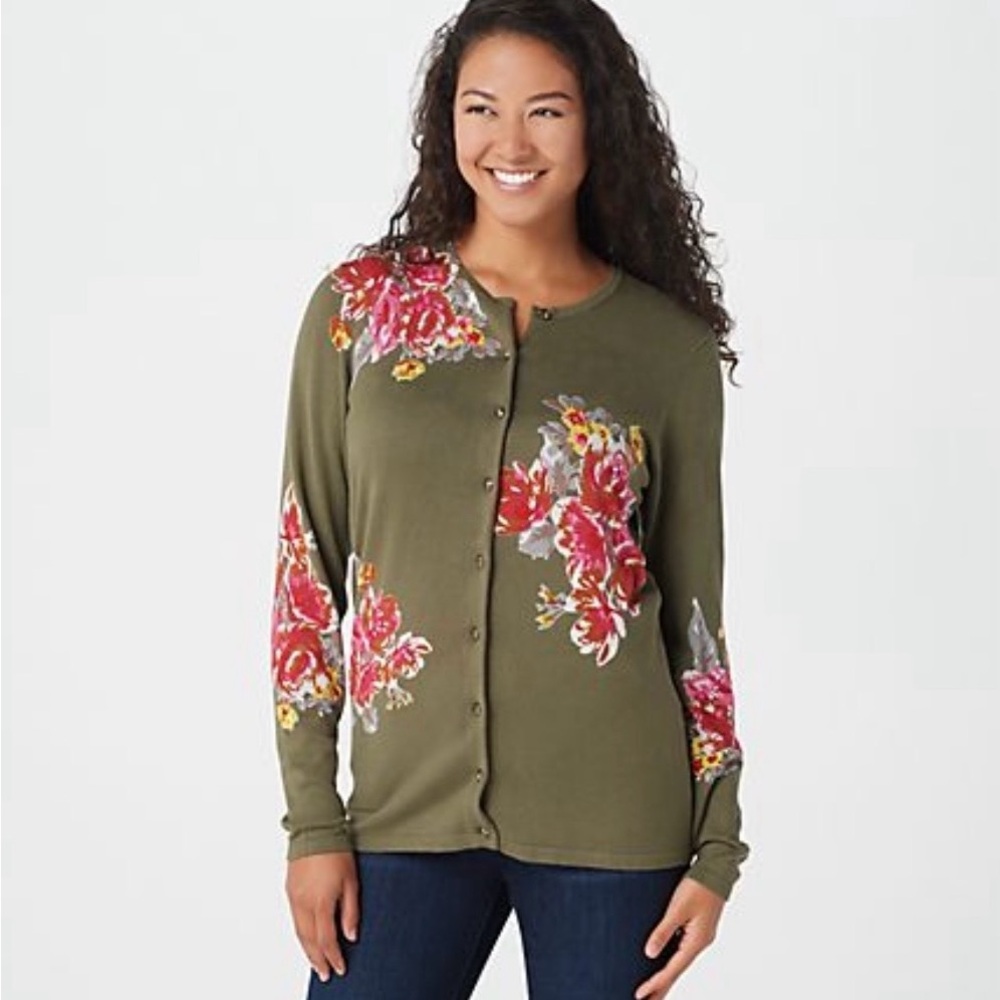 Quacker Factory Embellished Button Floral Heather Grey  Floral Cardigan